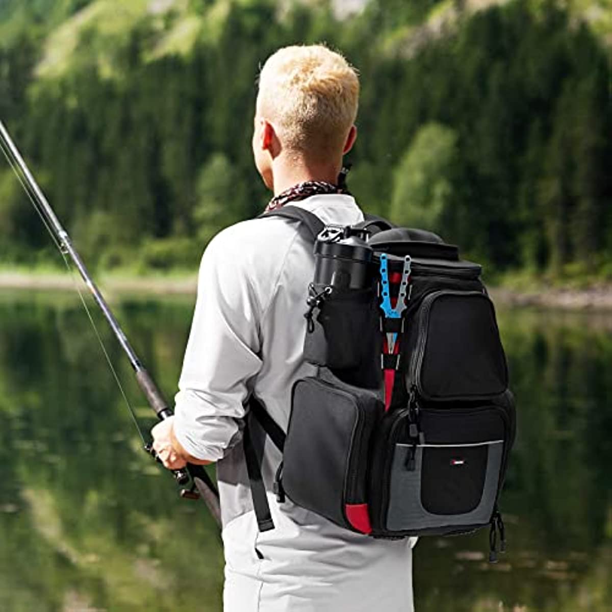 Mochila para aparejos de pesca con 4 cajas de aparejos, cubierta impermeable para la lluvia, portabotellas, bolsa impermeable de gran almacenamiento para aparejos de pesca, camping, senderismo