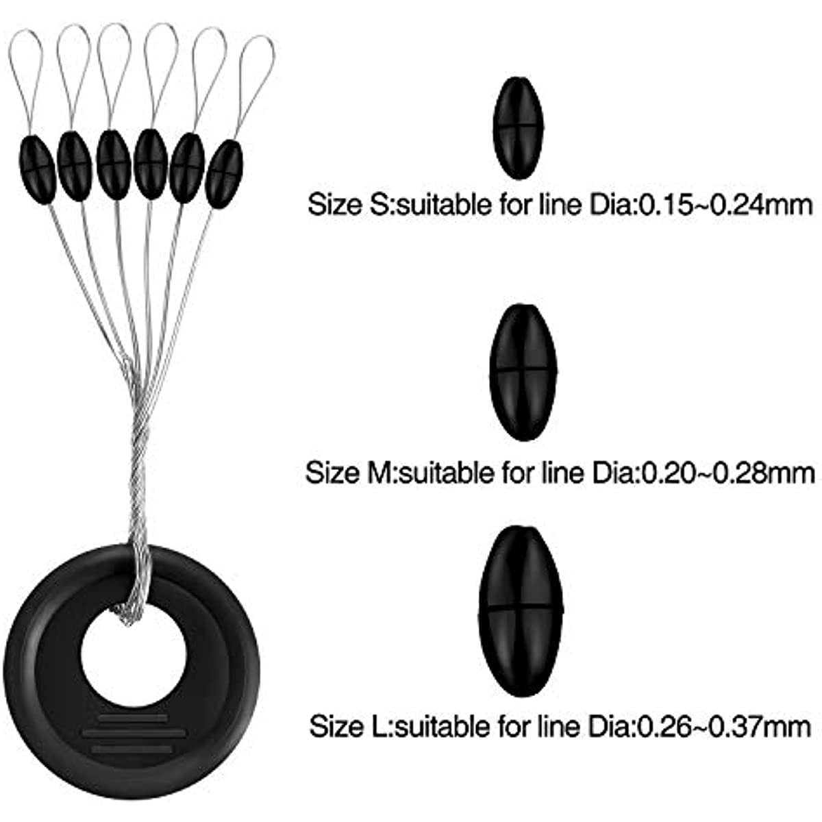 Outus 1200 Pieces Fishing Rubber Bobber Beads Stopper 6 in 1 Black Float Sinker Stops