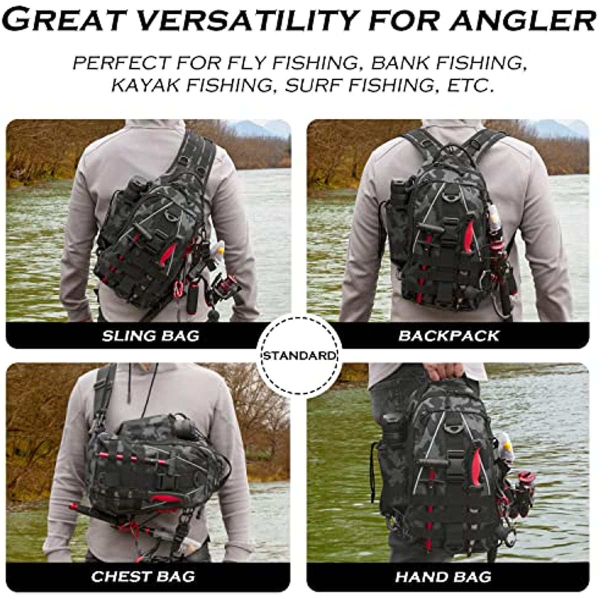 Fishing Backpack Tackle Sling Bag - Fishing Backpack with Rod Holder - Tackle Box Fly Fishing Gifts for Men Women