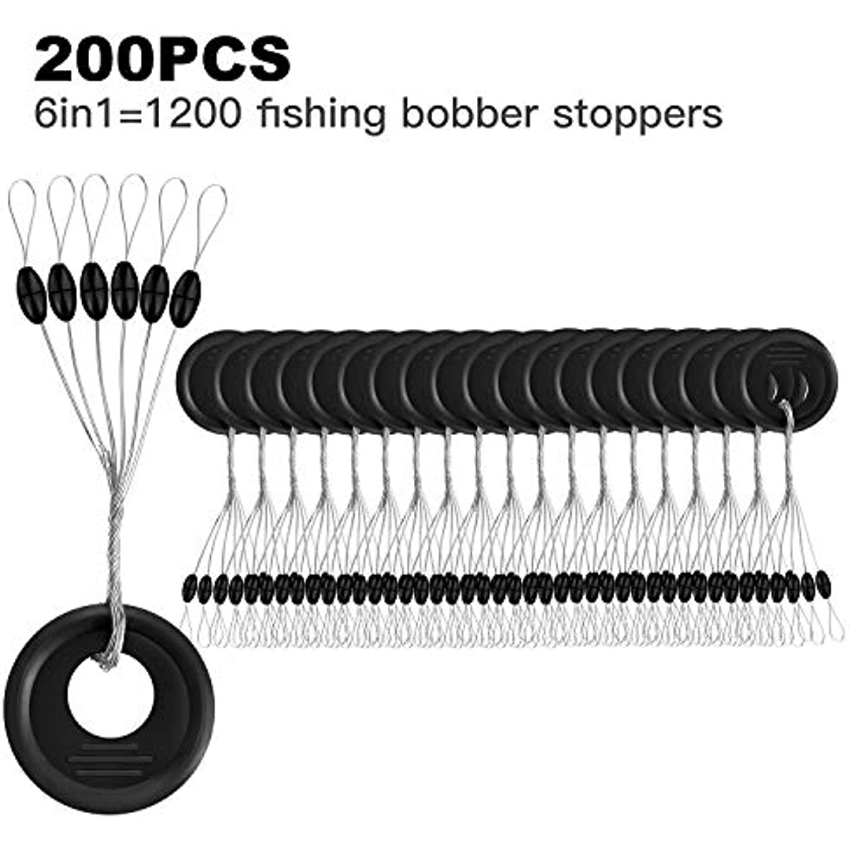 Outus 1200 Pieces Fishing Rubber Bobber Beads Stopper 6 in 1 Black Float Sinker Stops