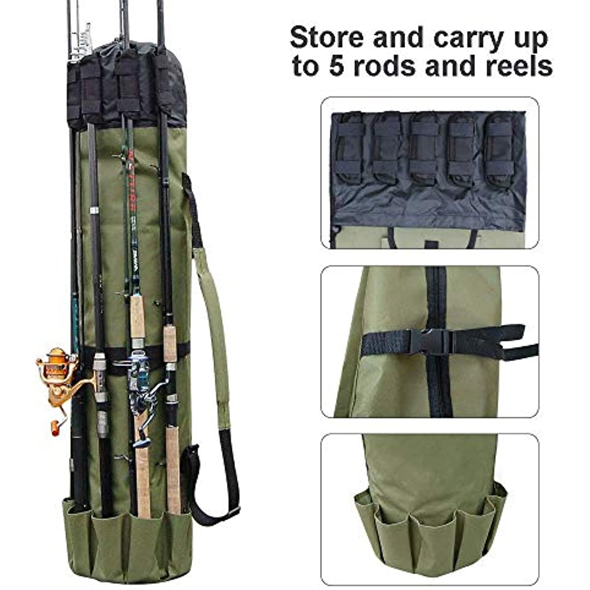 Allnice Durable Canvas Fishing Rod & Reel Organizer Bag Travel Carry Case Bag- Holds 5 Poles & Tackle