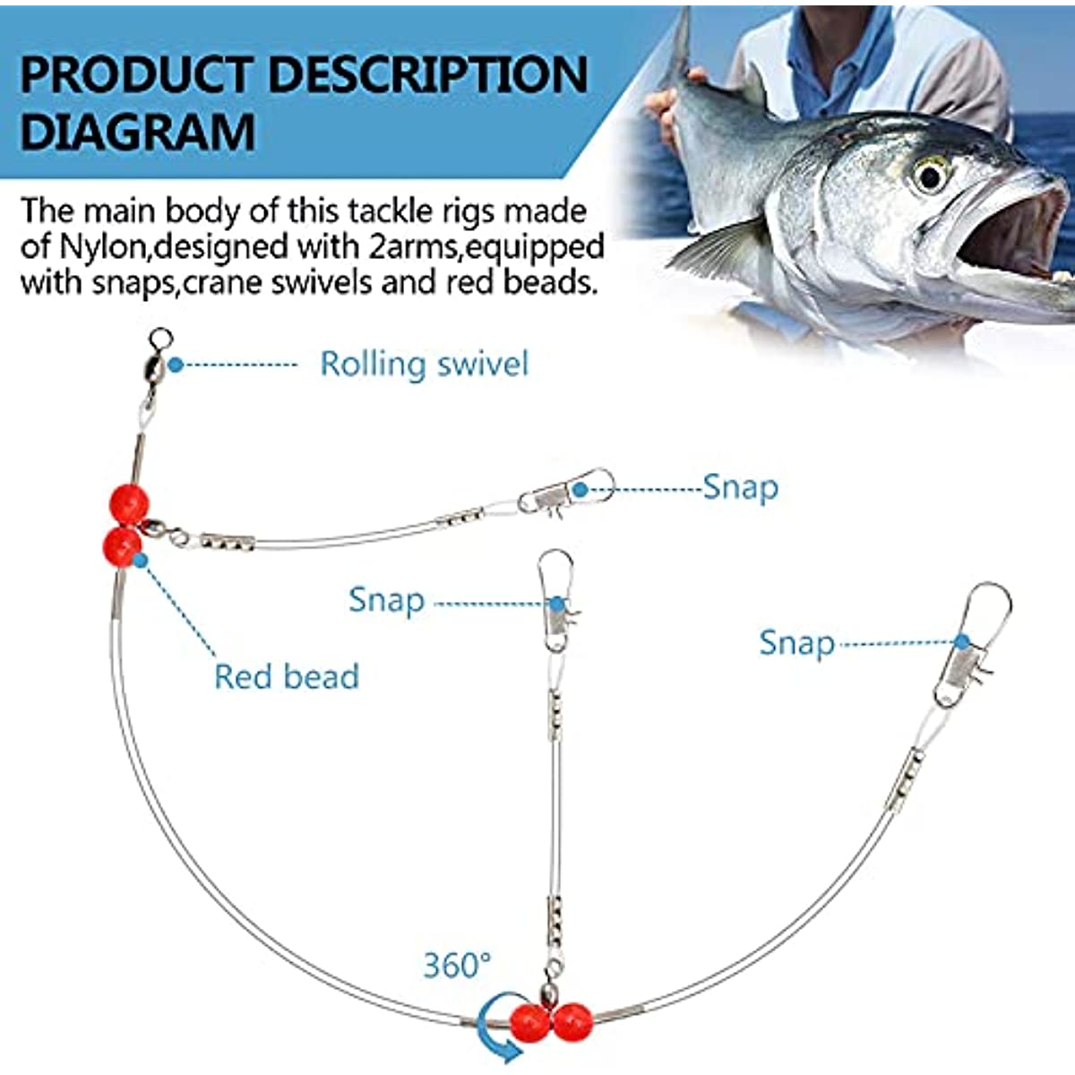 Fishing Leaders,Saltwater Tackle Rig with Swivels Snap, High-Strength Fishing Wire Gear Equipment for Lures Bait Or Hooks,1Arm and 2Arm