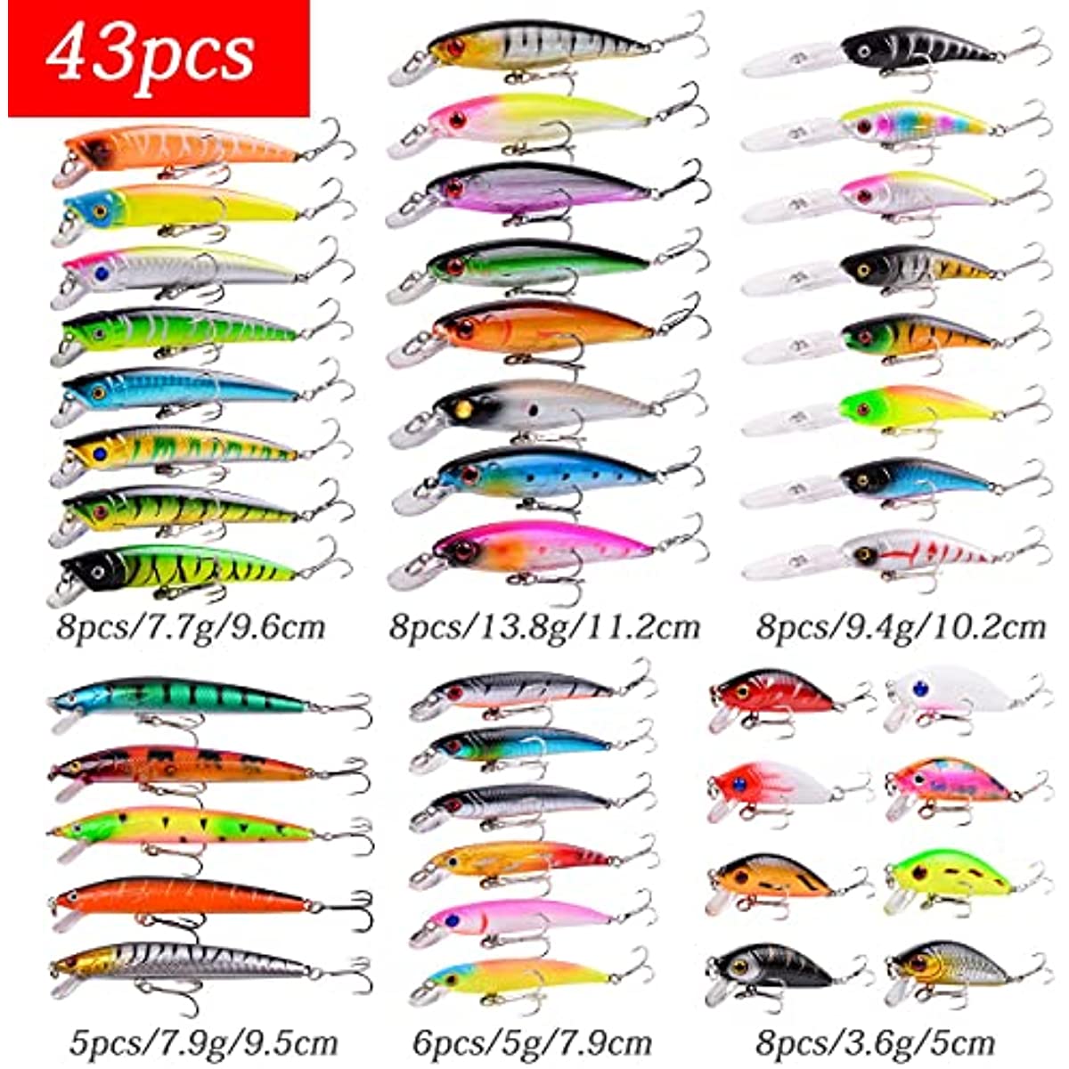 Aorace Kit de señuelos de pesca mixtos que incluyen cebos de manivela Minnow Popper con ganchos para pesca de agua salada, trucha, lubina, salmón