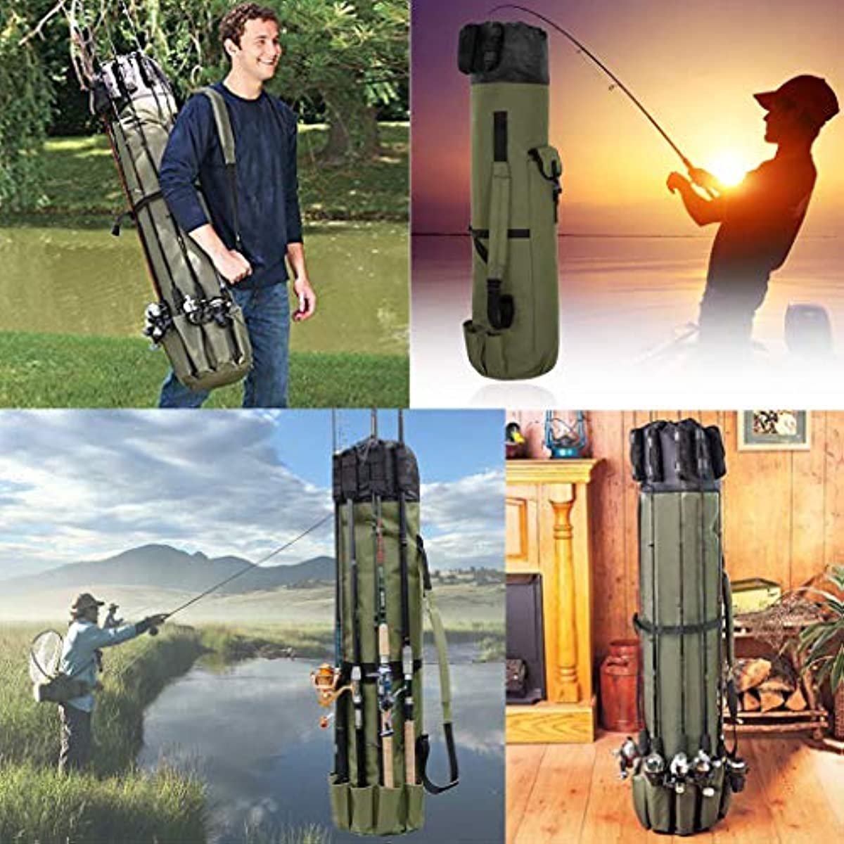 Allnice Durable Canvas Fishing Rod & Reel Organizer Bag Travel Carry Case Bag- Holds 5 Poles & Tackle