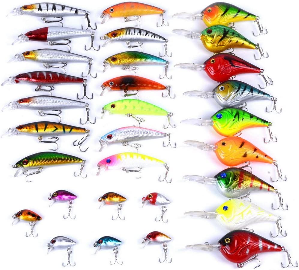 Aorace Kit de señuelos de pesca mixtos que incluyen cebos de manivela Minnow Popper con ganchos para pesca de agua salada, trucha, lubina, salmón