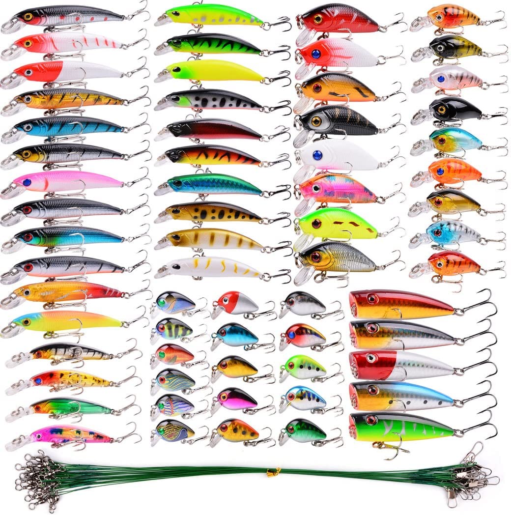 Aorace Kit de señuelos de pesca mixtos que incluyen cebos de manivela Minnow Popper con ganchos para pesca de agua salada, trucha, lubina, salmón