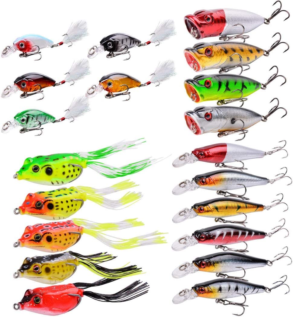 Aorace Kit de señuelos de pesca mixtos que incluyen cebos de manivela Minnow Popper con ganchos para pesca de agua salada, trucha, lubina, salmón